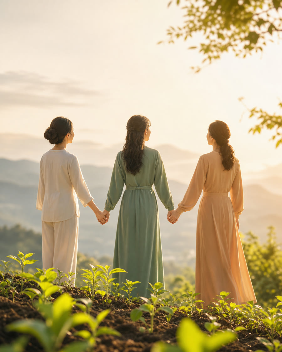 三位女性牵手迎着阳光，身旁幼苗破土而出的品牌意象图